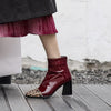 Bordeauxfarbene, glänzende Stiefeletten mit Animal-Print-Spitze