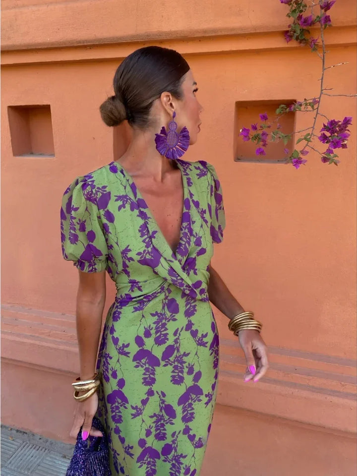 Lucinda - Boho V-Ausschnitt Floral Plissiertes Kleid