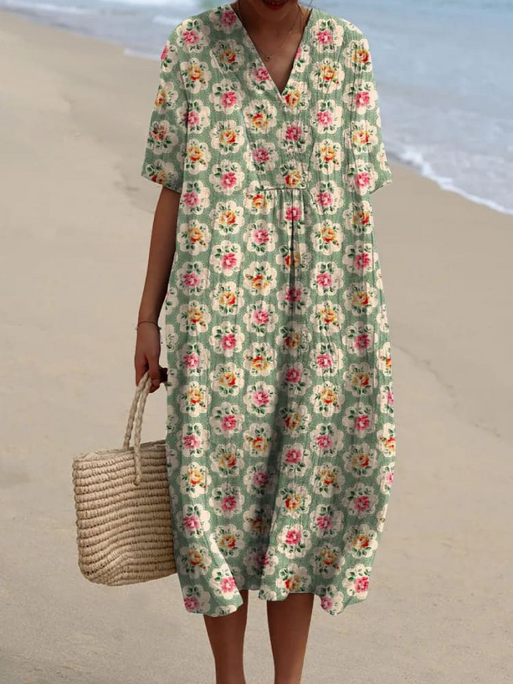 Damen Vintage Blumenmuster Lässiges Fließendes Kleid